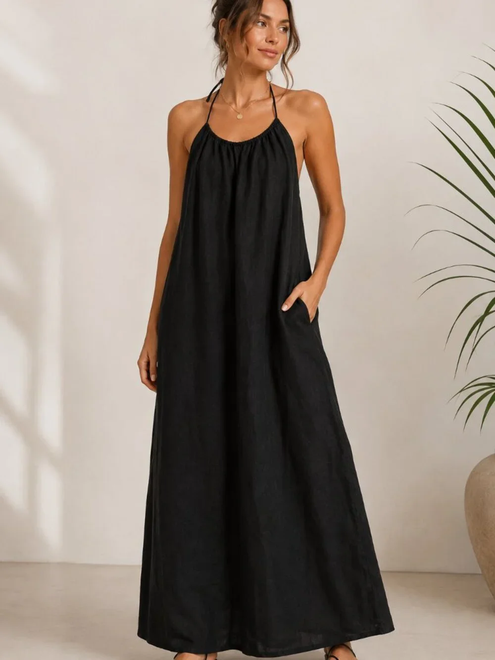 J.Crew Black Halter Linen Maxi Dress Size M NWT | Sleeveless Summer Dress
